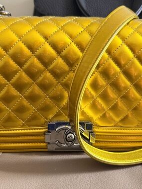 CHANEL Metallic Gold Le Boy with Gun Metal CC Lock